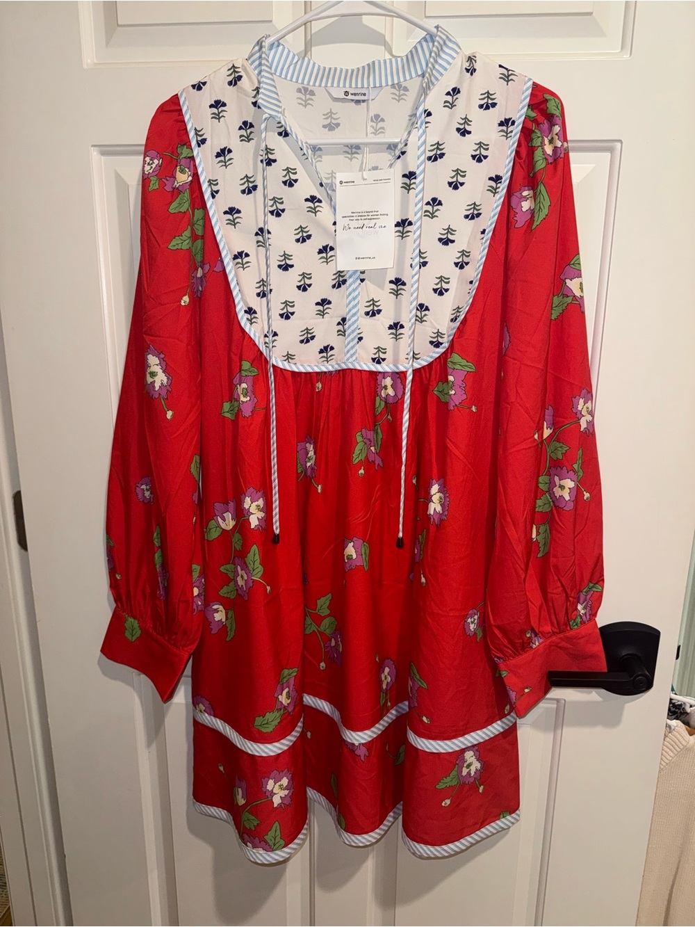 Floral Red Tie-Neck Mini Dress with Contrast Yoke nwt